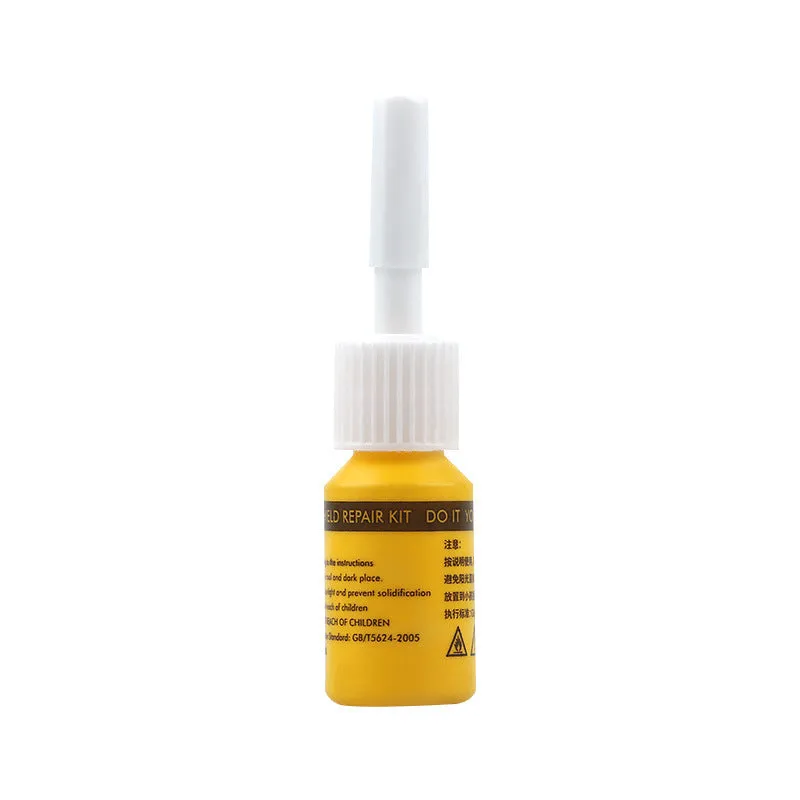 Yellow three-piece car windshield repair kit with glass repairing liquid