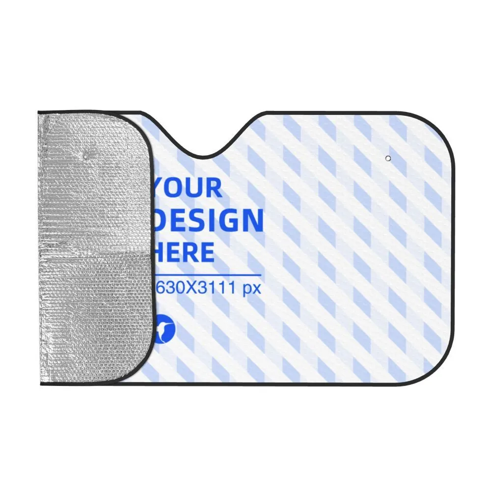 White aluminium foil bubble film car front windshield sun visor with two suction cups attached to glass