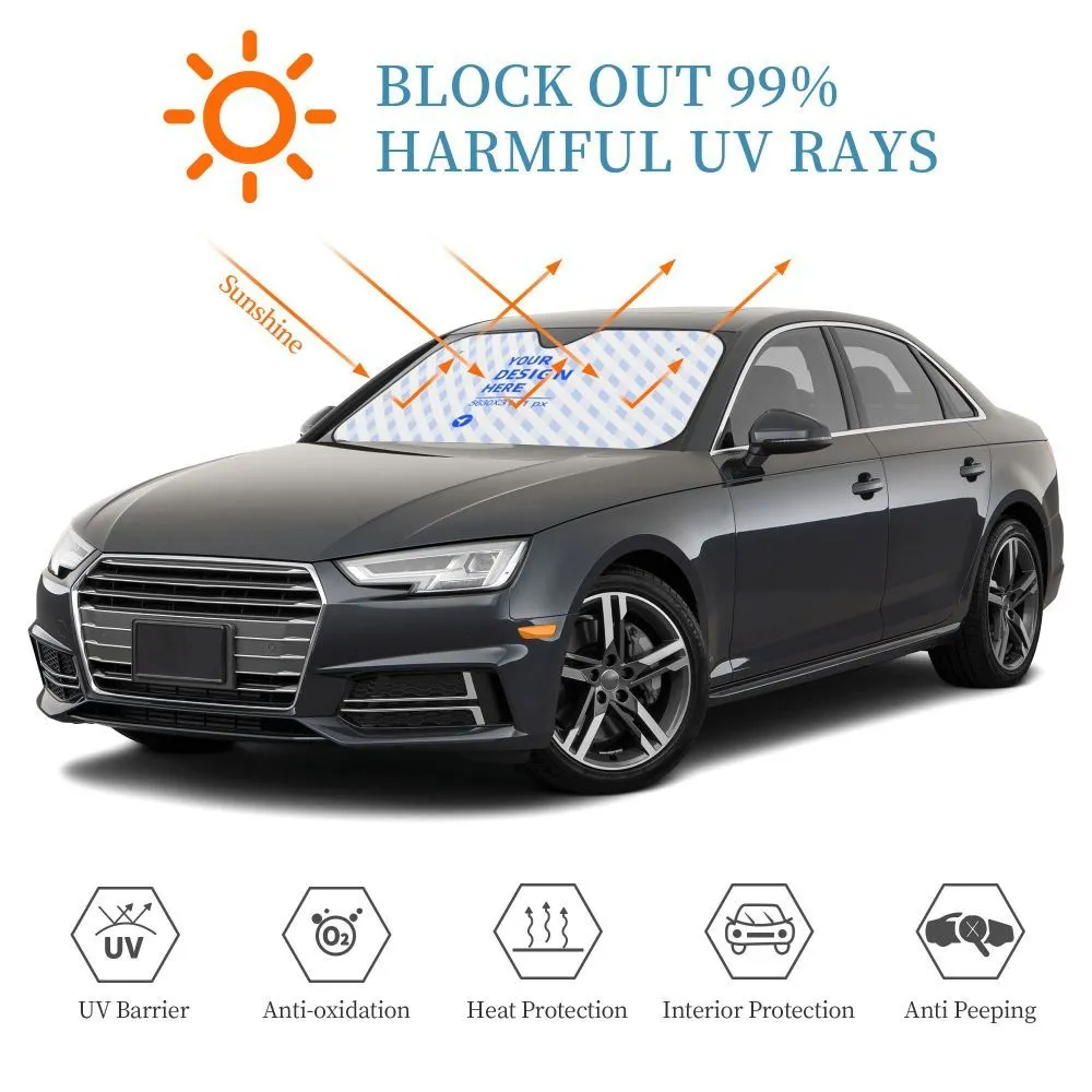 White aluminium foil bubble film car front windshield sun visor with two suction cups attached to glass