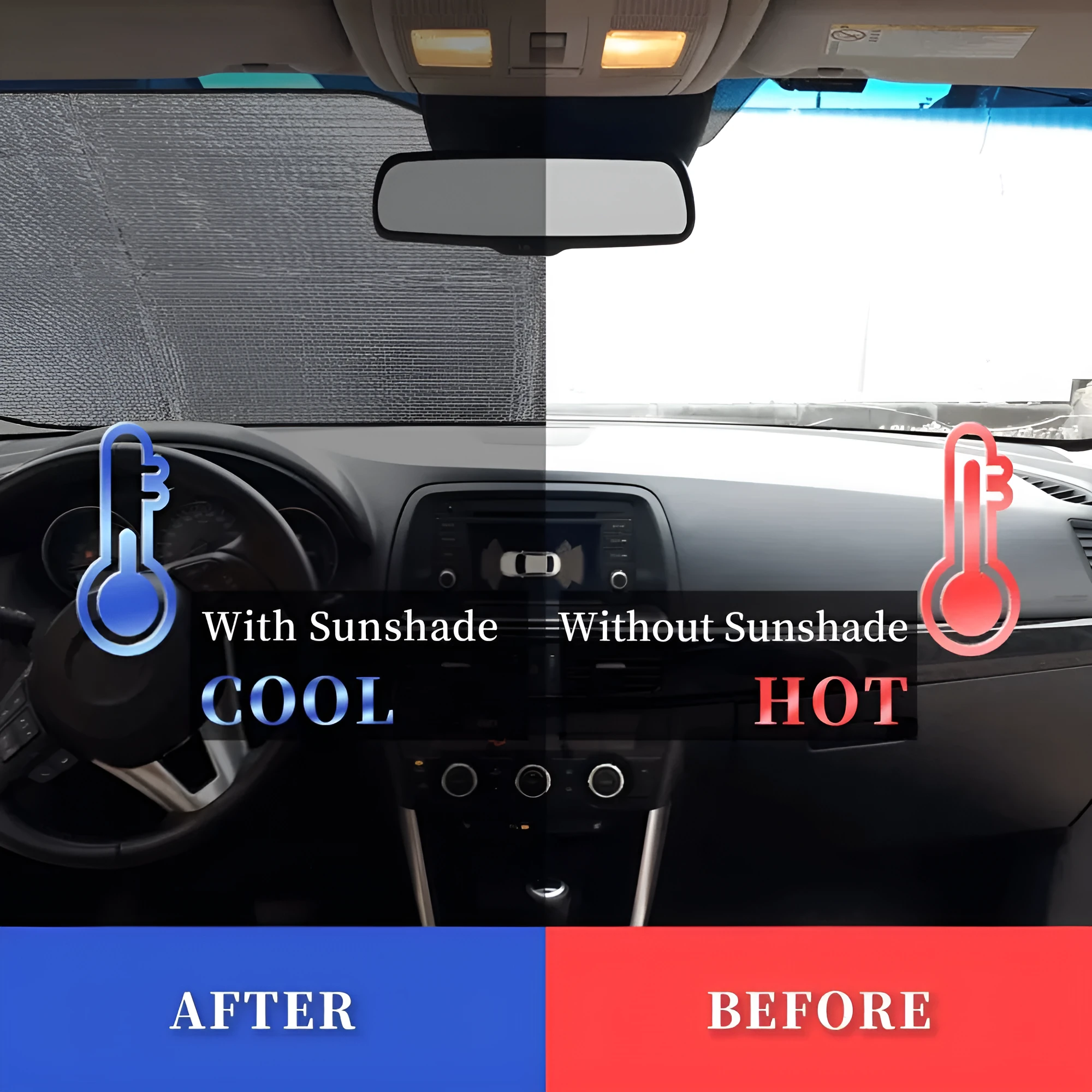 White aluminium foil bubble film car front windshield sun visor with two suction cups attached to glass