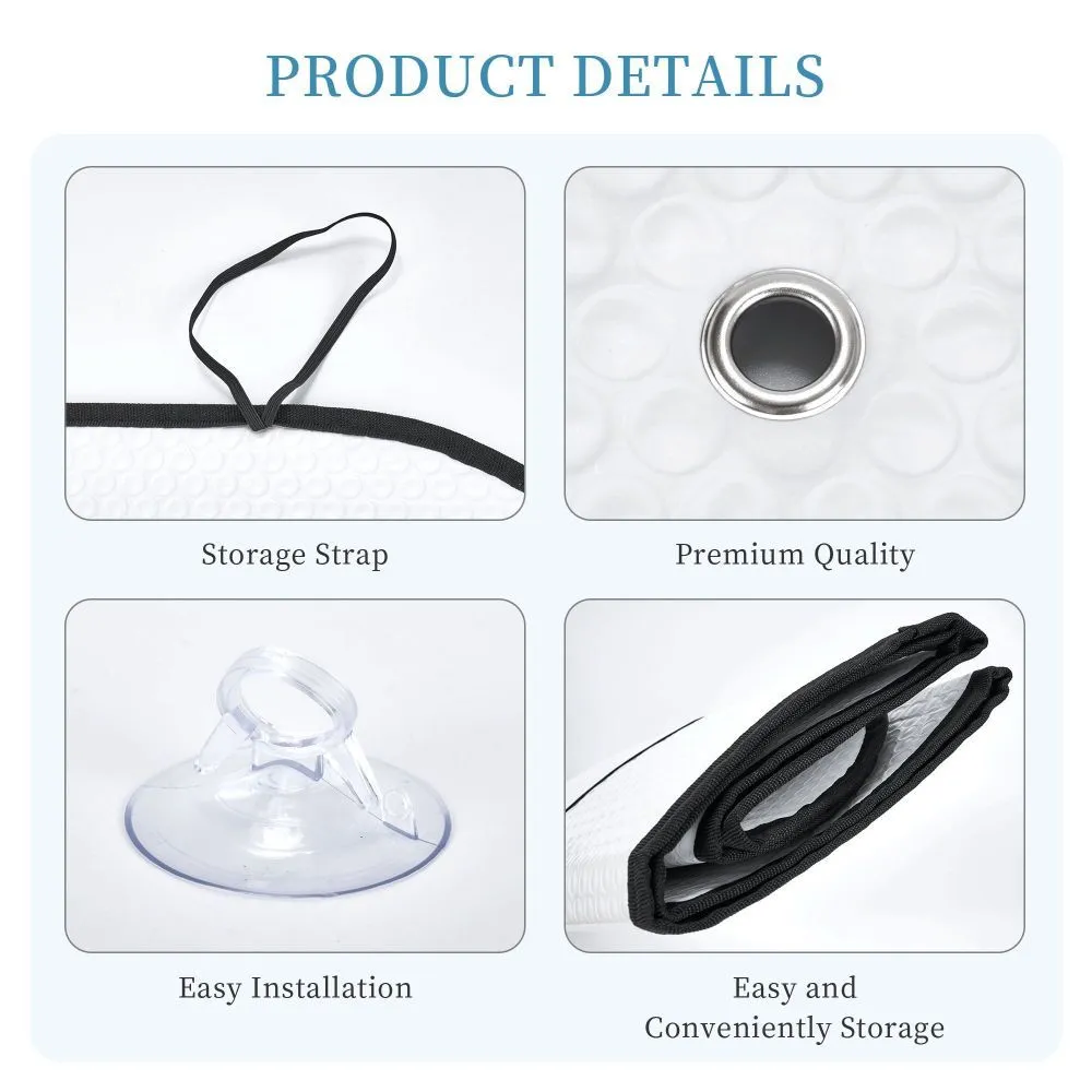 White aluminium foil bubble film car front windshield sun visor with two suction cups attached to glass