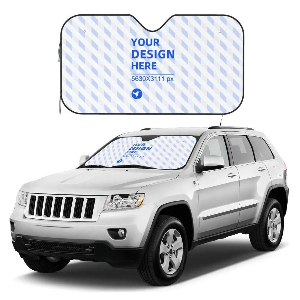 White aluminium foil bubble film car front windshield sun visor with two suction cups attached to glass