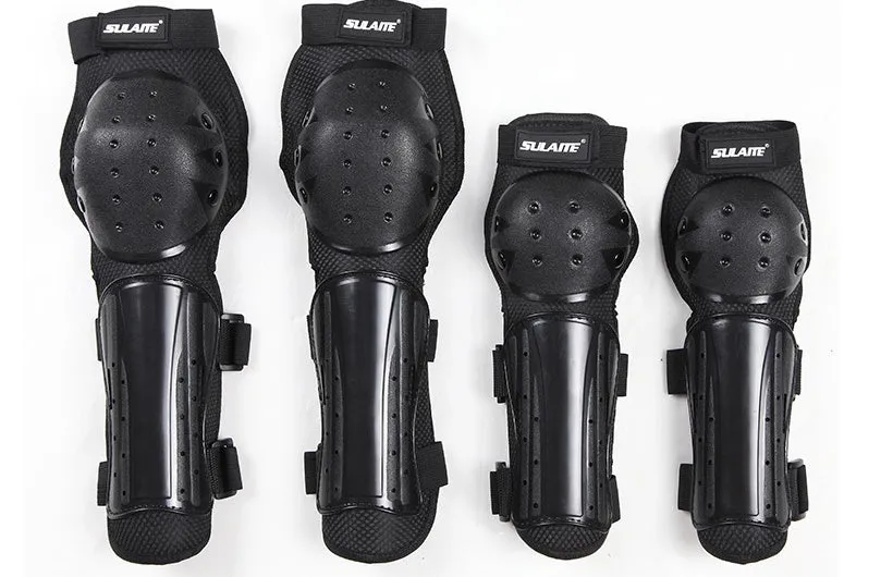 Adult black protective knee and elbow pads set with PE rubber shell and Velcro straps for cycling and extreme sports