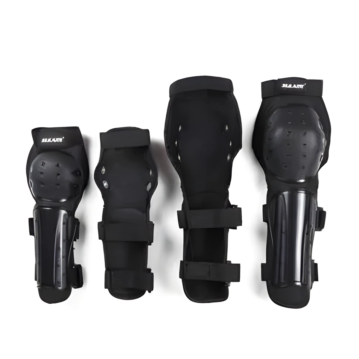 Adult black protective knee and elbow pads set with PE rubber shell and Velcro straps for cycling and extreme sports