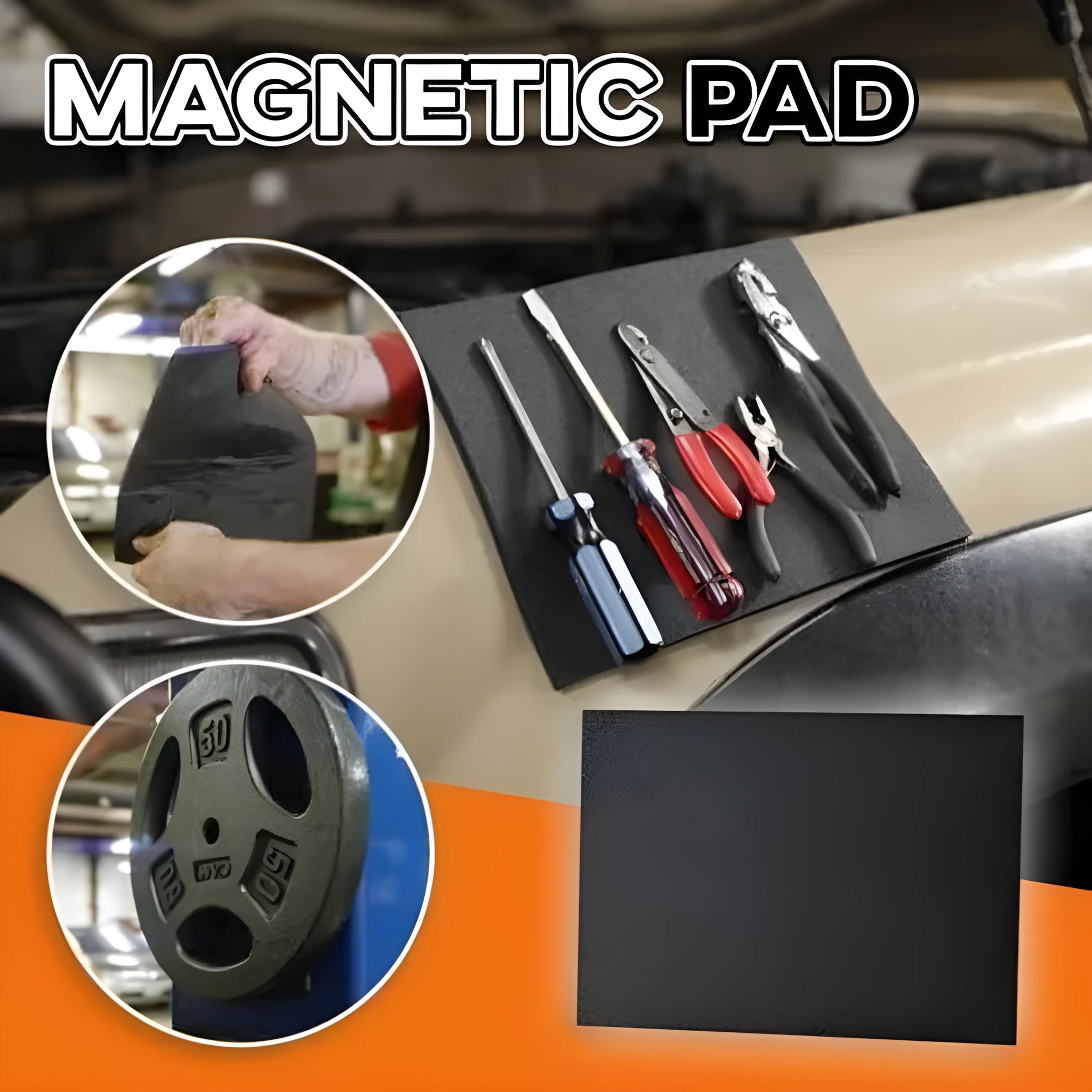 Black rubber sponge magnetic tool pad 300x200mm on a car bonnet holding metal tools