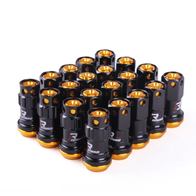 Set of aluminium alloy flat head wheel nuts in assorted colours including black, red, blue, gold, and purple.