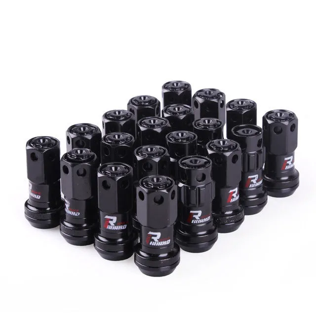 Set of aluminium alloy flat head wheel nuts in assorted colours including black, red, blue, gold, and purple.