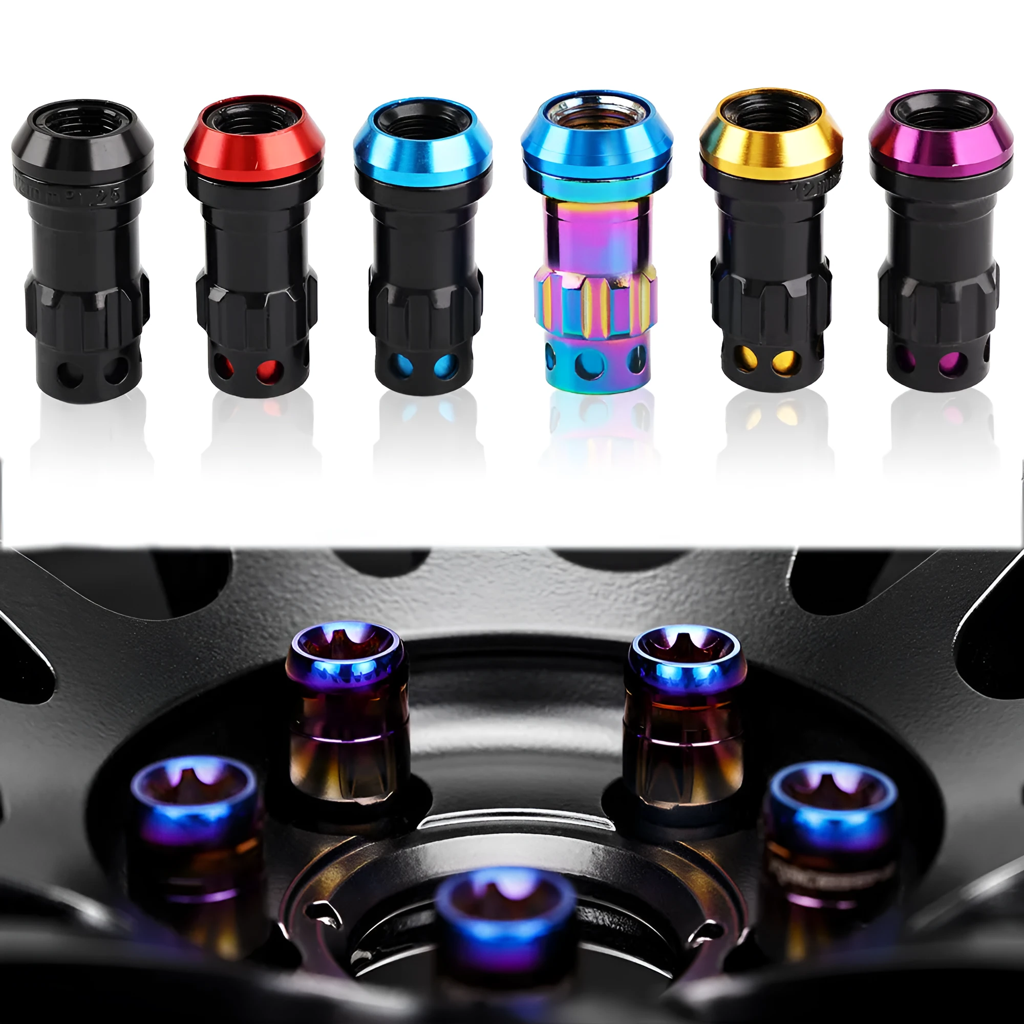 Set of aluminium alloy flat head wheel nuts in assorted colours including black, red, blue, gold, and purple.