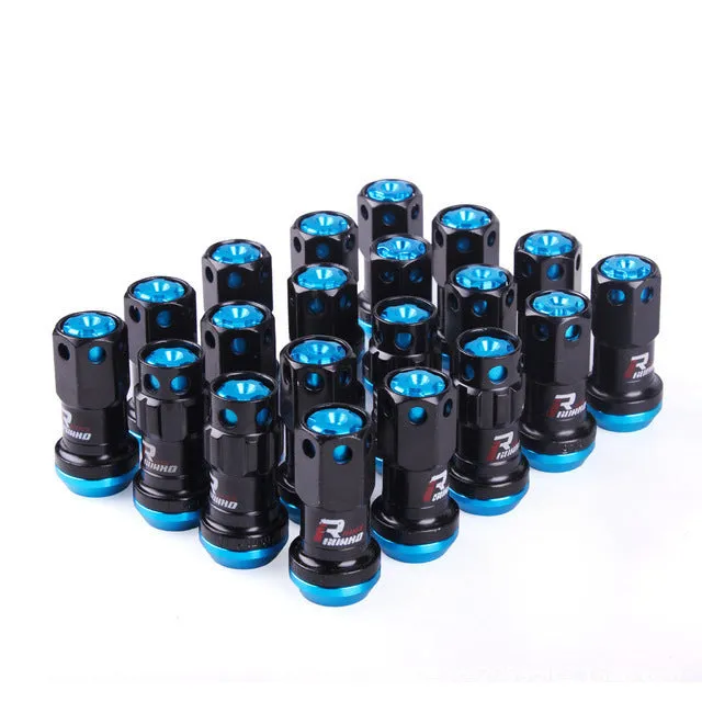 Set of aluminium alloy flat head wheel nuts in assorted colours including black, red, blue, gold, and purple.