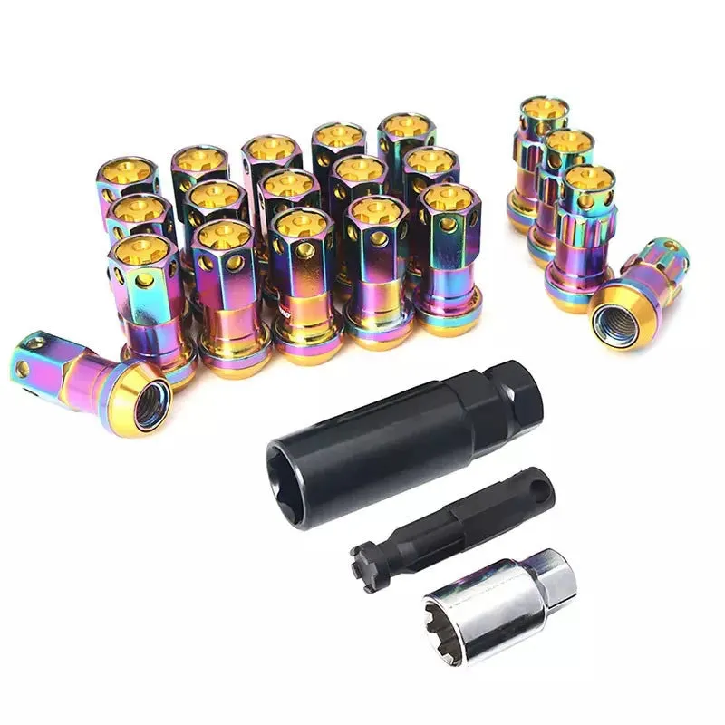 Set of aluminium alloy flat head wheel nuts in assorted colours including black, red, blue, gold, and purple.