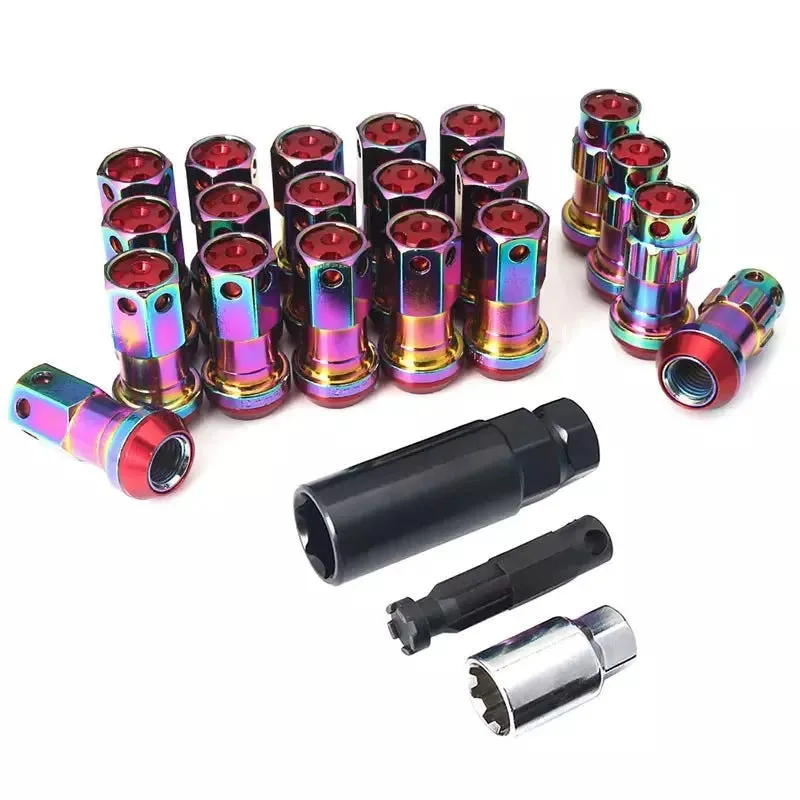 Set of aluminium alloy flat head wheel nuts in assorted colours including black, red, blue, gold, and purple.