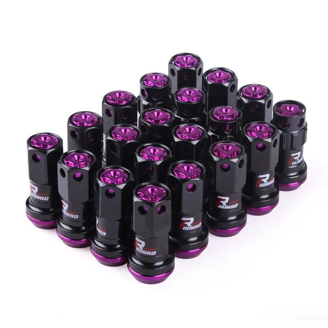 Set of aluminium alloy flat head wheel nuts in assorted colours including black, red, blue, gold, and purple.