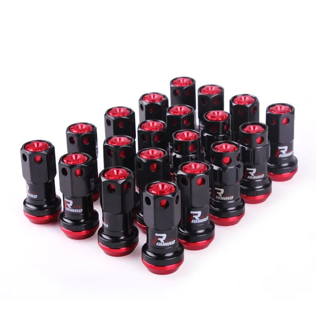 Set of aluminium alloy flat head wheel nuts in assorted colours including black, red, blue, gold, and purple.