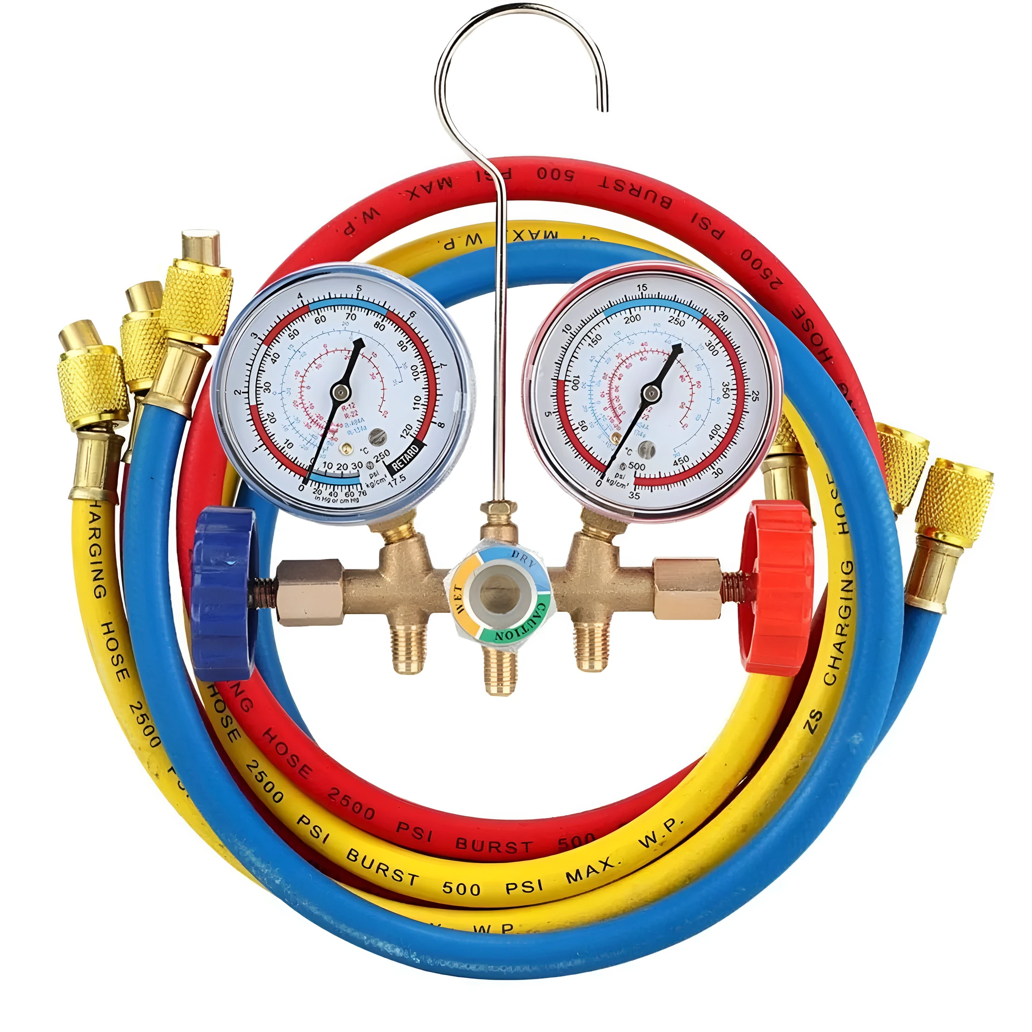Refrigerant instrument cluster with hose hook, 7cm brass manifold, yellow and red colour-coded valves