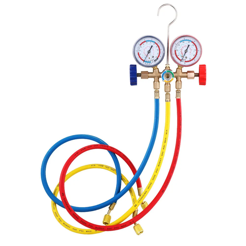 Refrigerant instrument cluster with hose hook, 7cm brass manifold, yellow and red colour-coded valves