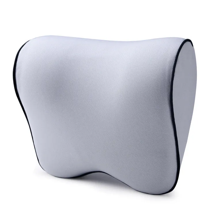 Memory foam car headrest in light grey with twill polyester cover measuring 26x23x12cm