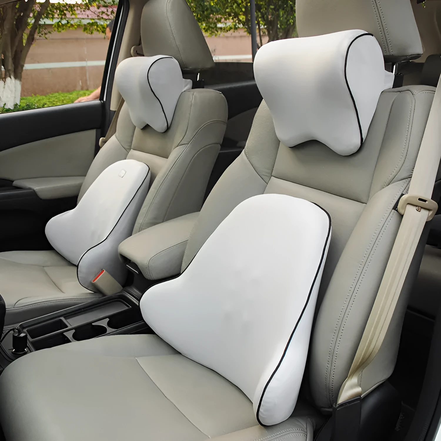 Memory foam car headrest in light grey with twill polyester cover measuring 26x23x12cm