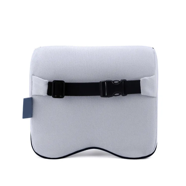 Memory foam car headrest in light grey with twill polyester cover measuring 26x23x12cm