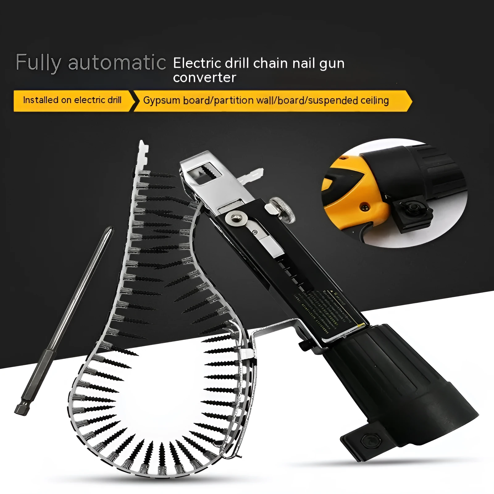 Chain screw gun head set with metal construction and stainless steel components