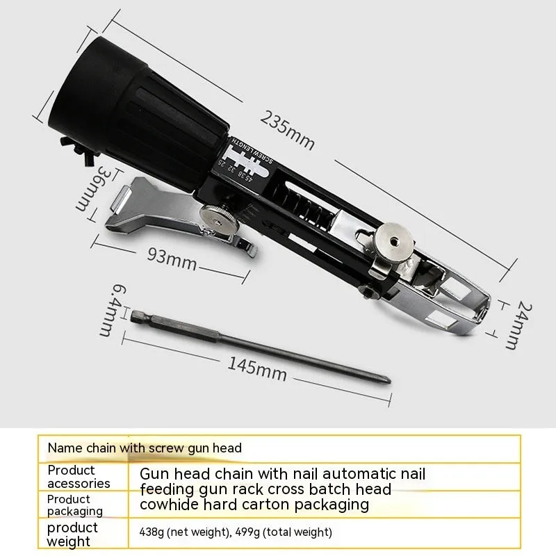 Chain screw gun head set with metal construction and stainless steel components