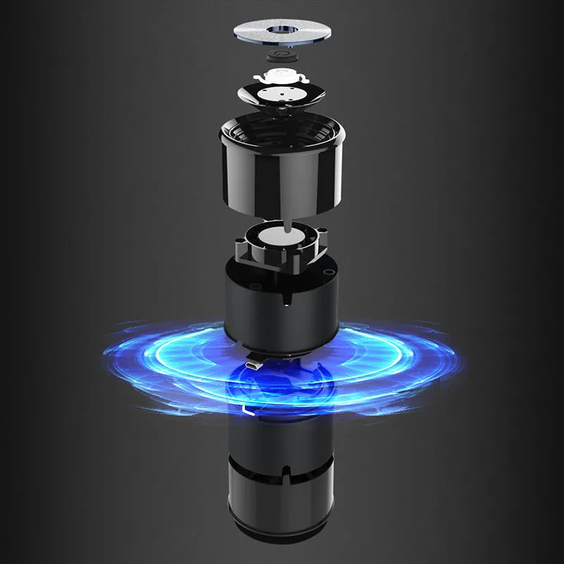 USB car negative ion air purifier in aluminium alloy and ABS, compact 65x153mm, available in black gold and rose pink, quiet operation below 27dB