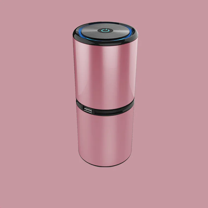 USB car negative ion air purifier in aluminium alloy and ABS, compact 65x153mm, available in black gold and rose pink, quiet operation below 27dB