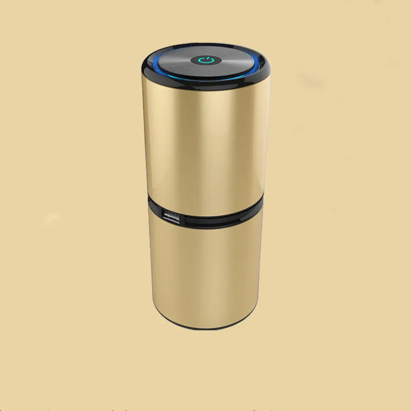USB car negative ion air purifier in aluminium alloy and ABS, compact 65x153mm, available in black gold and rose pink, quiet operation below 27dB