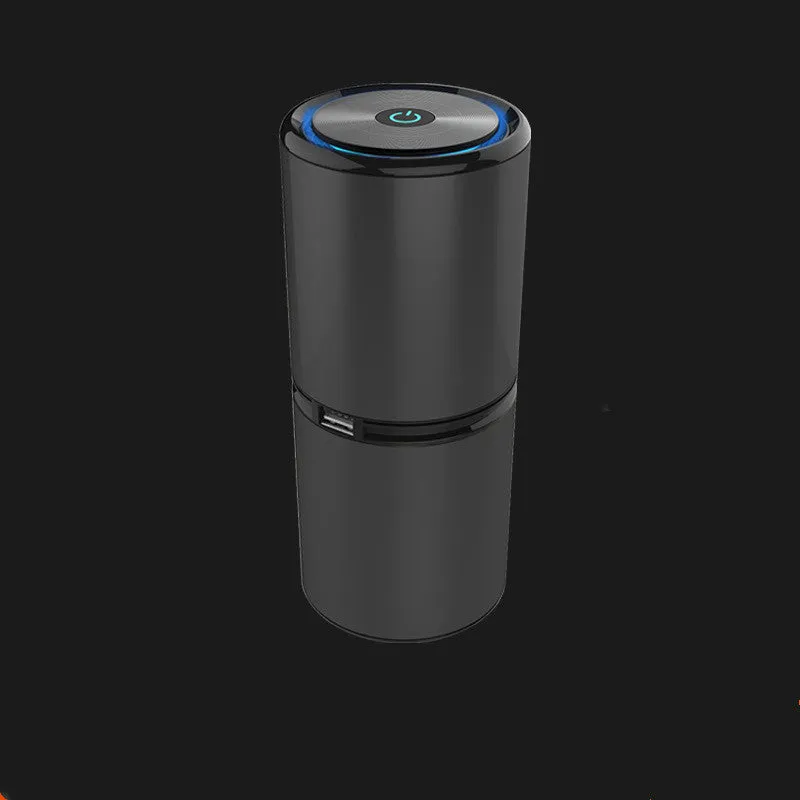 USB car negative ion air purifier in aluminium alloy and ABS, compact 65x153mm, available in black gold and rose pink, quiet operation below 27dB