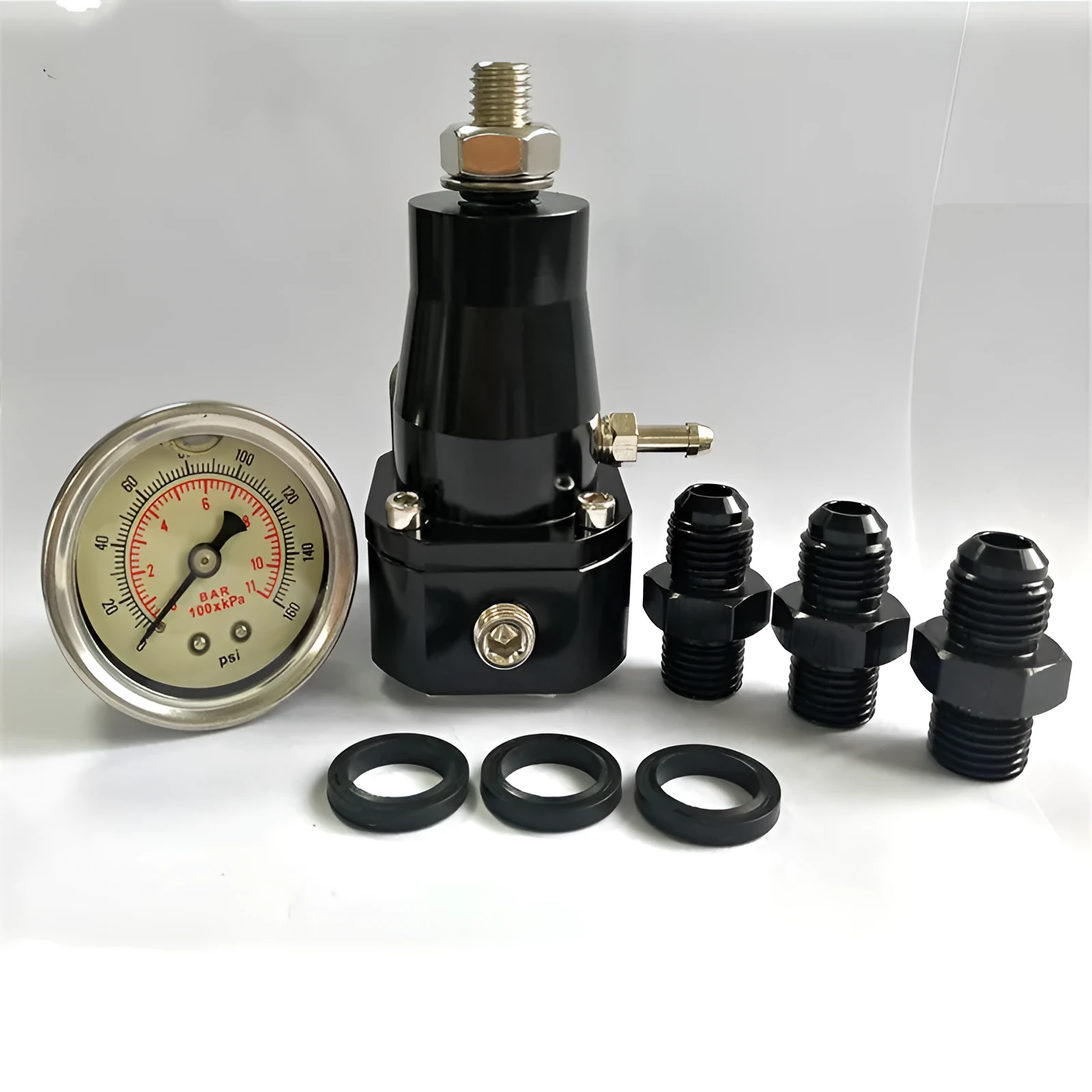 Black CNC aluminium fuel pressure regulator with adjustable 30-70psi range for car accessories