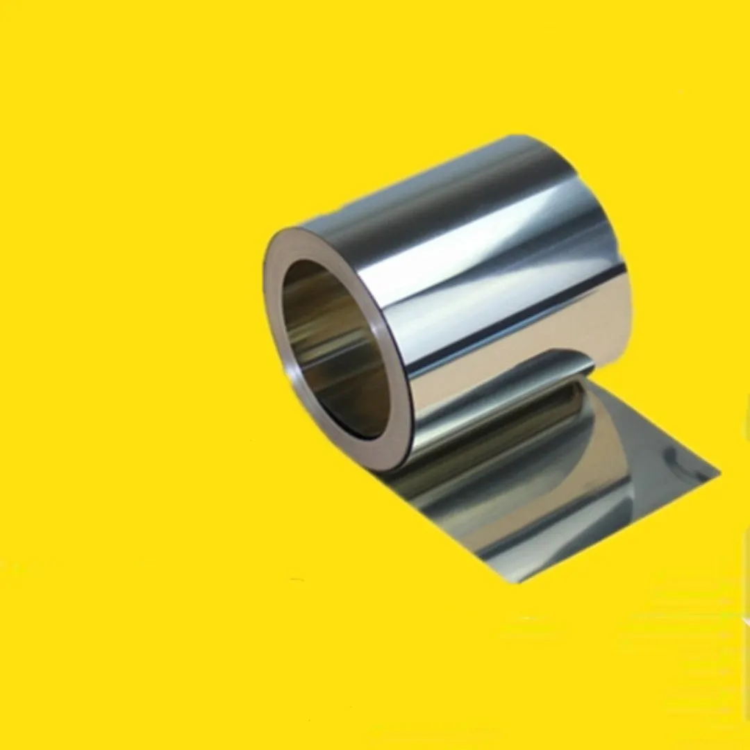 Close-up of a rolled 304 stainless steel metal strip with a leather item, showing its metallic finish and dimensions.