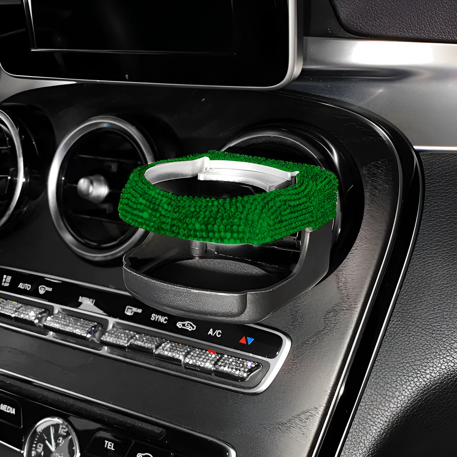 White diamond-decorated car cup holder bracket clipped onto a vehicle air vent.
