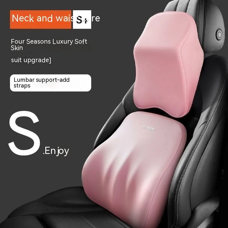 Automotive headrest pillow and lumbar support pillow set with memory foam filling in four colour options