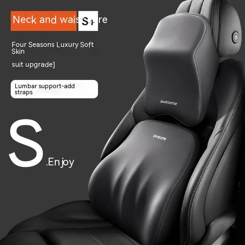 Automotive headrest pillow and lumbar support pillow set with memory foam filling in four colour options