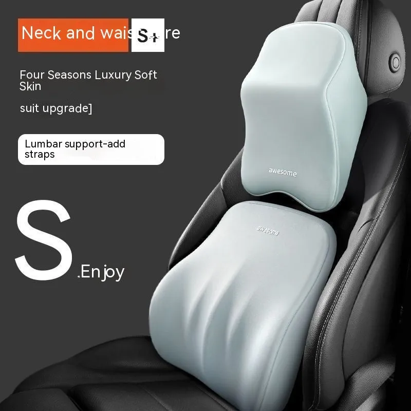 Automotive headrest pillow and lumbar support pillow set with memory foam filling in four colour options