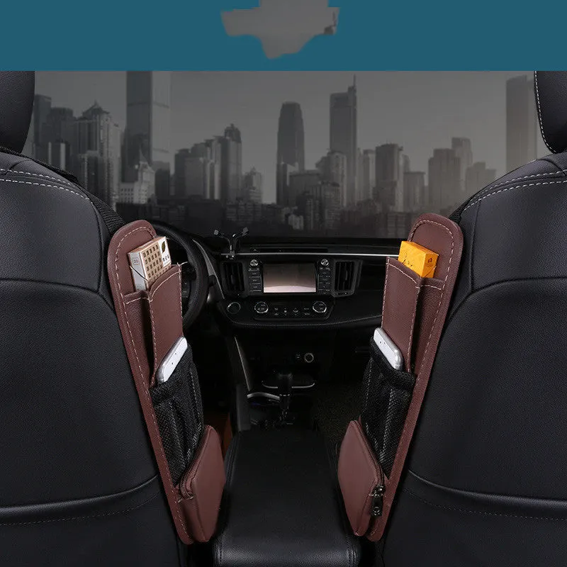 Multifunctional leather car side pocket storage bag with hook installation in black, fitted to middle of car seat