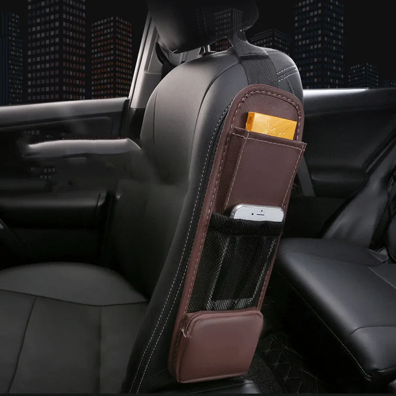 Multifunctional leather car side pocket storage bag with hook installation in black, fitted to middle of car seat