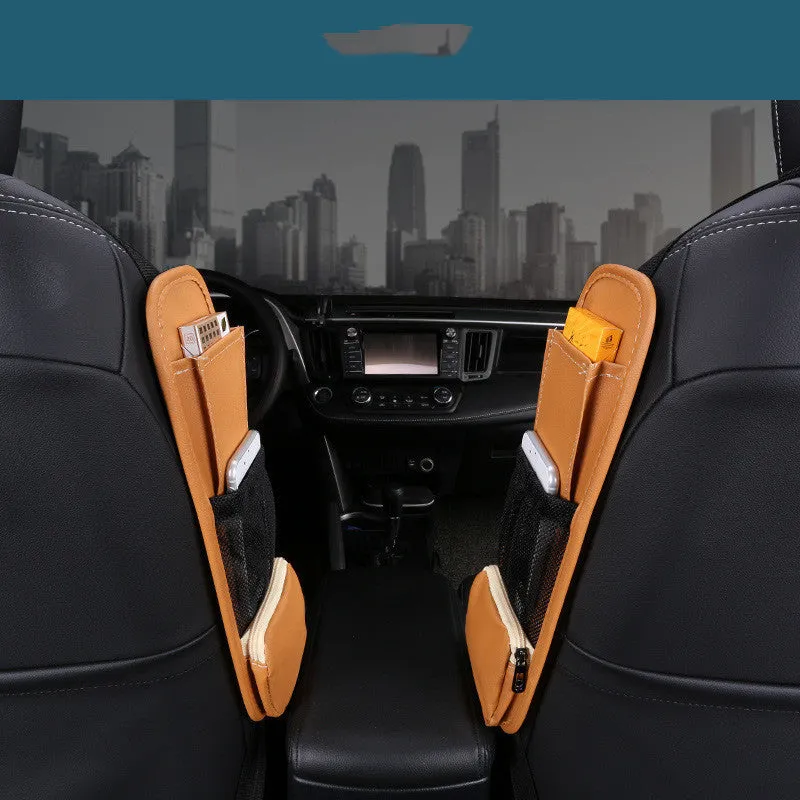 Multifunctional leather car side pocket storage bag with hook installation in black, fitted to middle of car seat