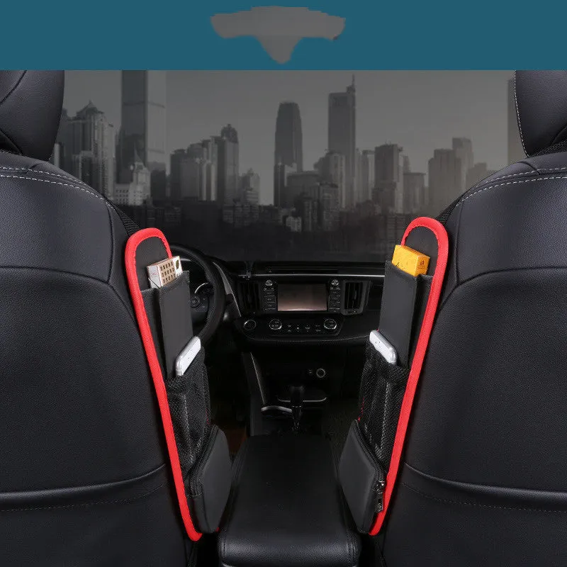 Multifunctional leather car side pocket storage bag with hook installation in black, fitted to middle of car seat