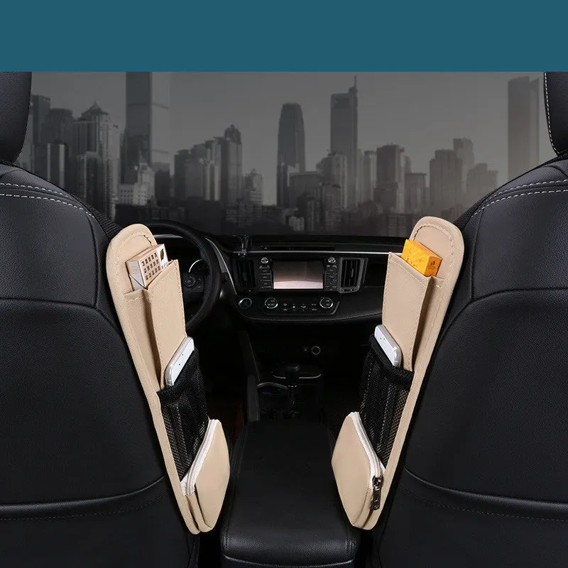 Multifunctional leather car side pocket storage bag with hook installation in black, fitted to middle of car seat