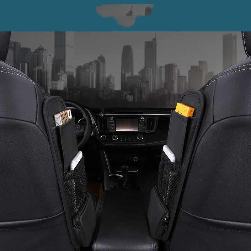 Multifunctional leather car side pocket storage bag with hook installation in black, fitted to middle of car seat
