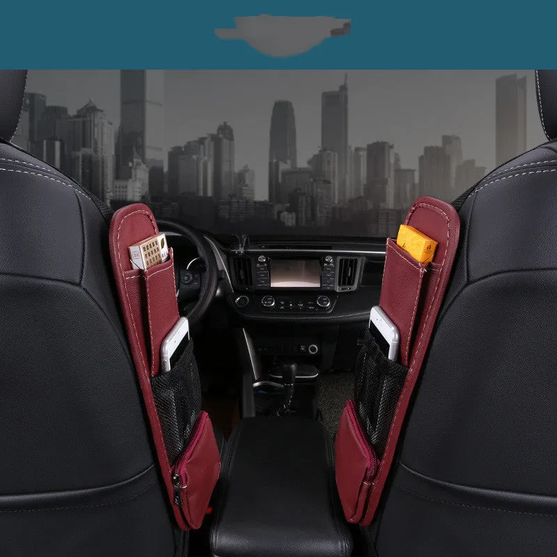 Multifunctional leather car side pocket storage bag with hook installation in black, fitted to middle of car seat