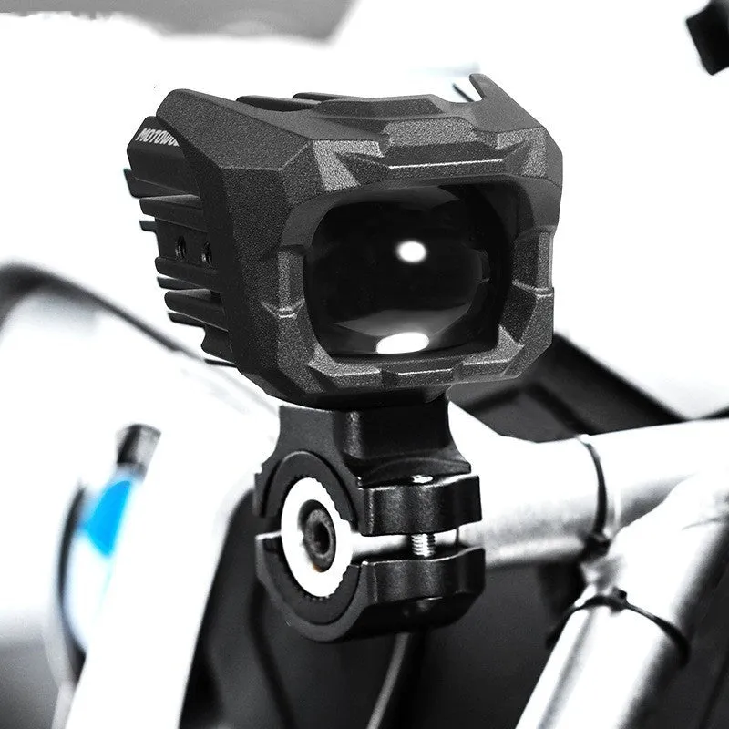 MDL5004 pair of black aluminium alloy high and low beam LED spotlights with mounting brackets on dark background