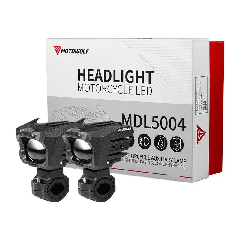 MDL5004 pair of black aluminium alloy high and low beam LED spotlights with mounting brackets on dark background