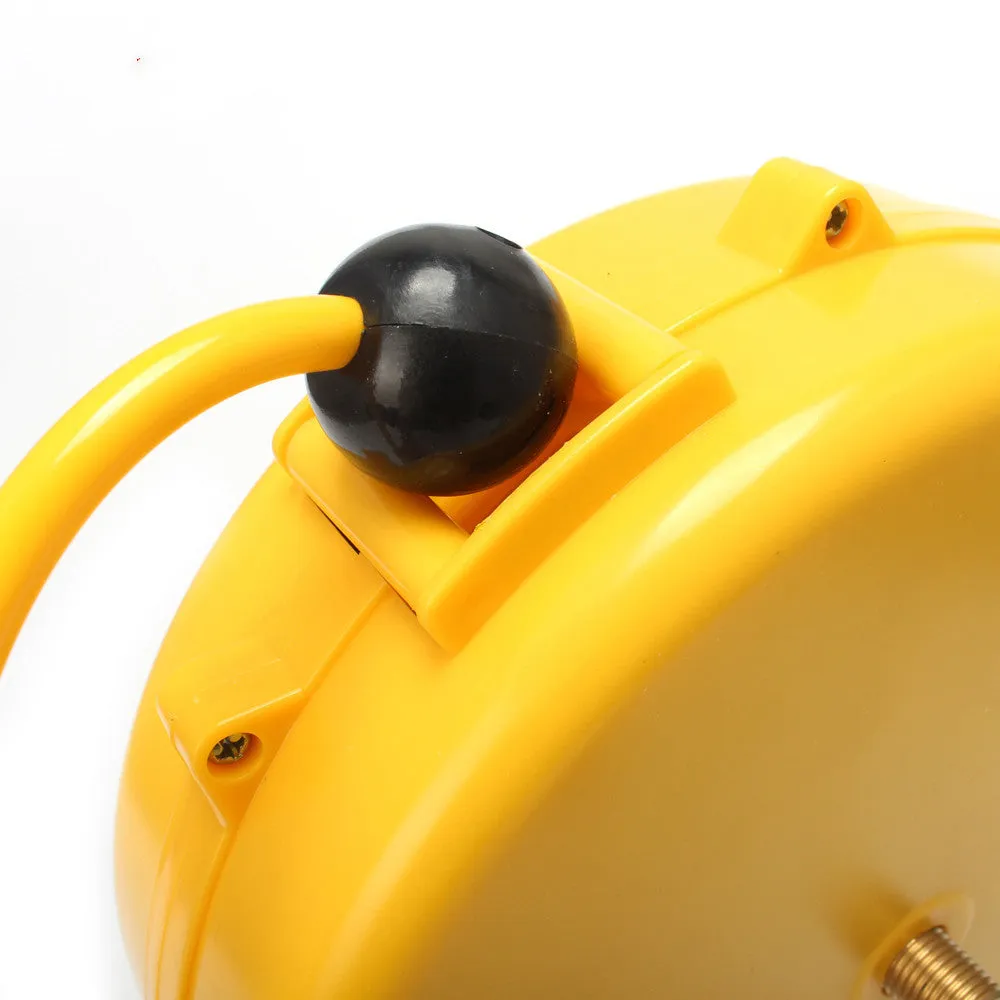Yellow 8-metre automotive air hose reel on a spool for pneumatic workshop use