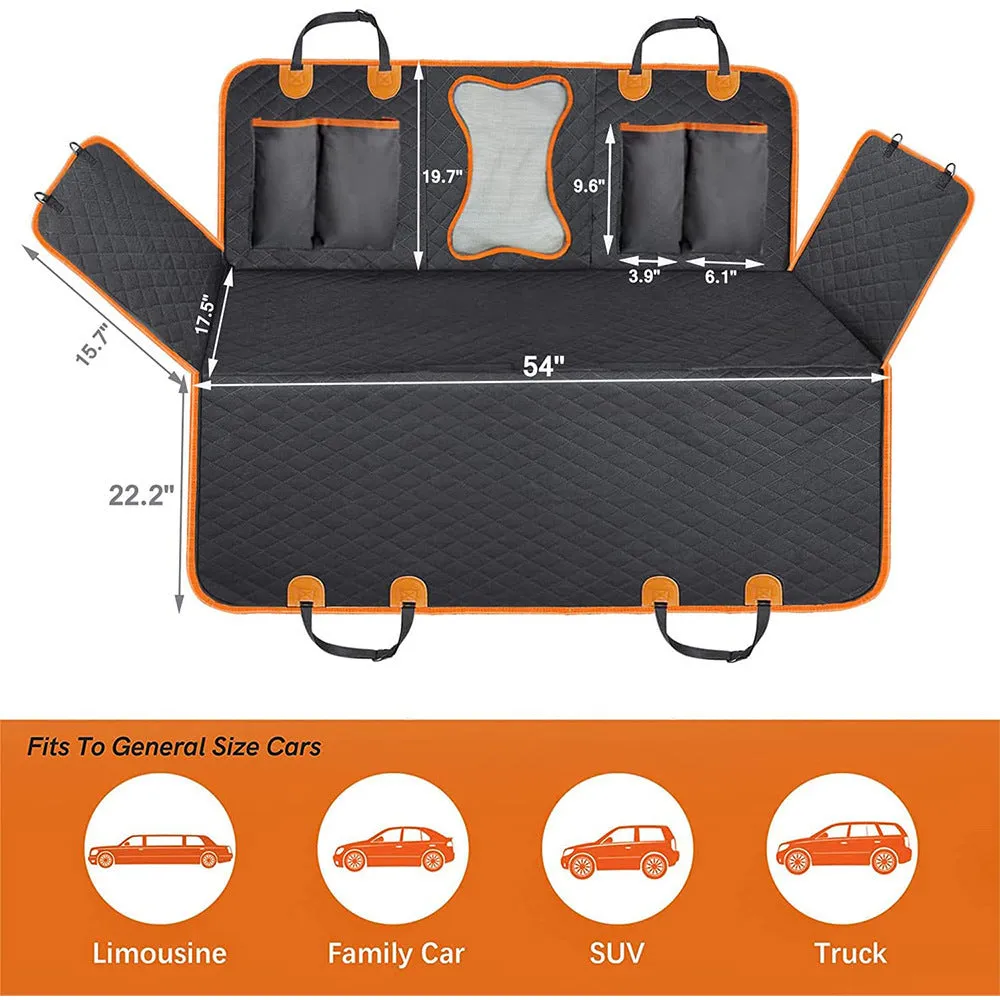 Black and orange waterproof dog car seat cover mat on a vehicle rear seat.
