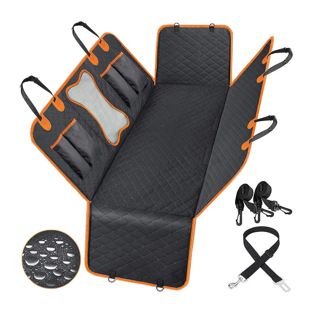 Black and orange waterproof dog car seat cover mat on a vehicle rear seat.
