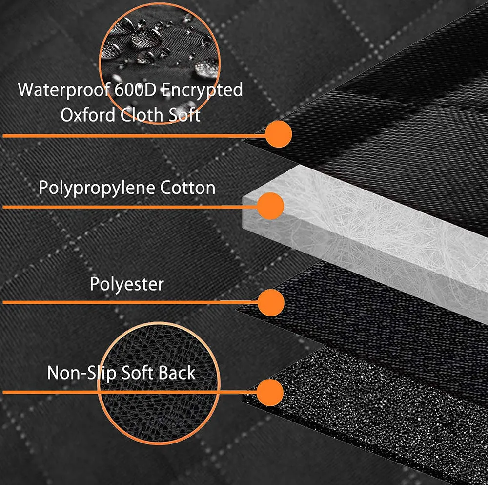 Black and orange waterproof dog car seat cover mat on a vehicle rear seat.