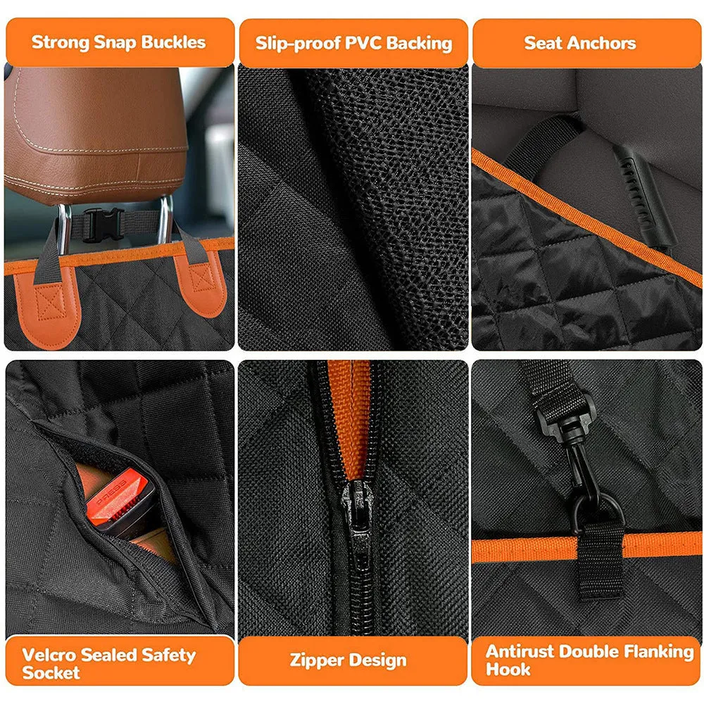 Black and orange waterproof dog car seat cover mat on a vehicle rear seat.