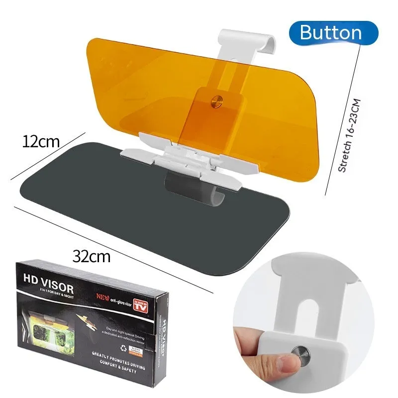 Car sun visor with anti-high beam goggles showing telescopic installation and adjustment buttons