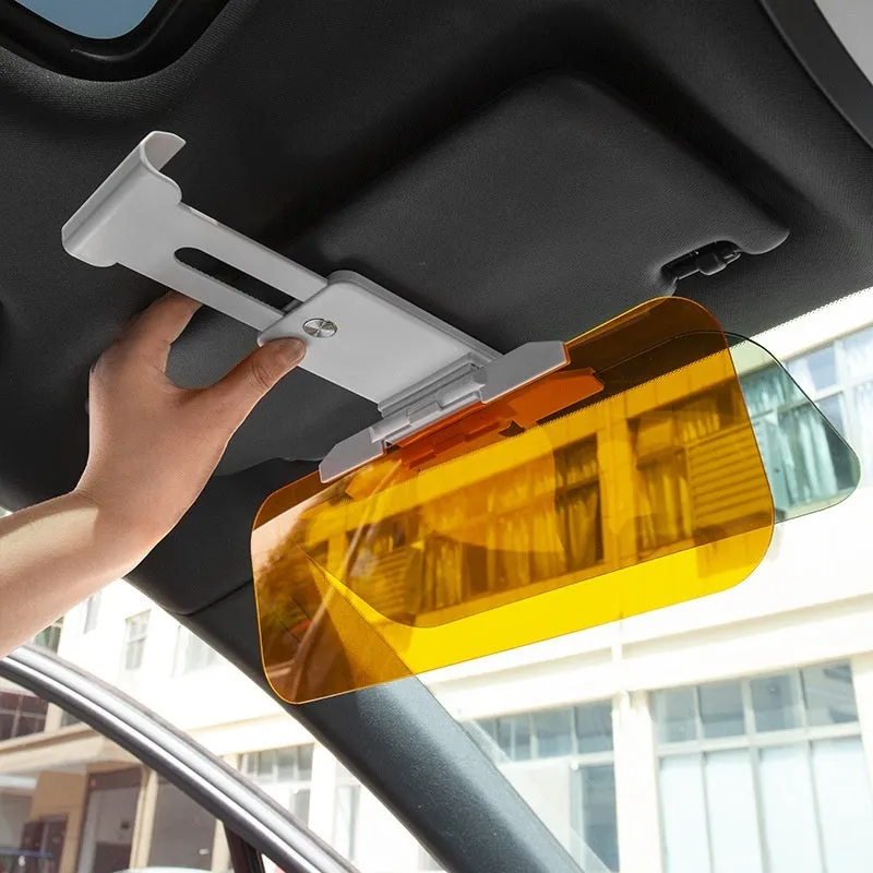Car sun visor with anti-high beam goggles showing telescopic installation and adjustment buttons
